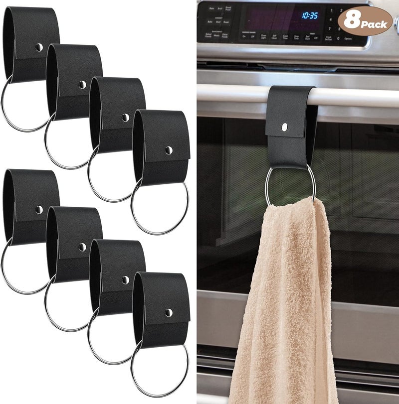 MISAKTEAM 8 PCS Leather & Metal Towel Ring Holder for Kitchen Dish Towels Holder with Loop Oven Door Hanger Gifts for Farmhouse Home Decor(Black) - Image 1